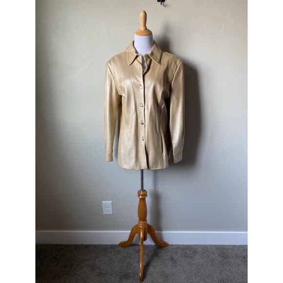 St. John Sport Button Up Gold Metallic 100% Italian Leather Jacket- Size Large - Picture 13 of 16